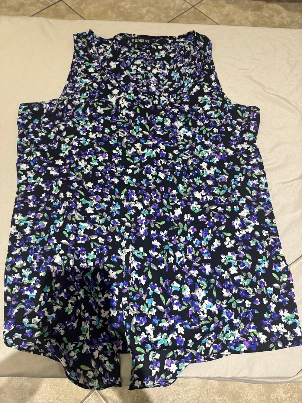 Express Black Floral Sleeveless Top with Purple, White & Teal Print